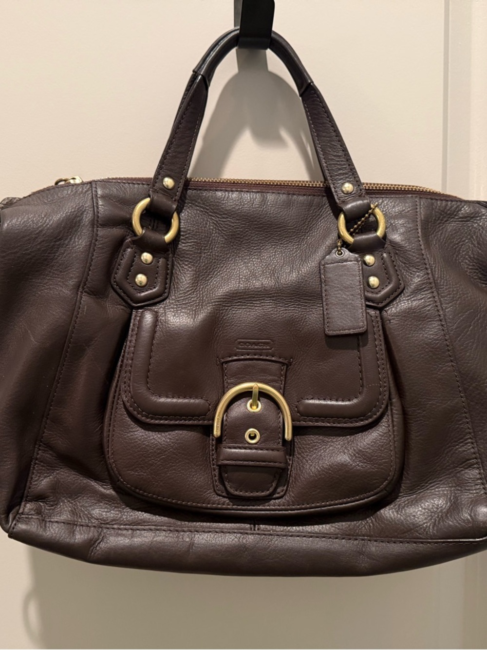 Coach Dark Brown Leather Tote with Gold Hardware